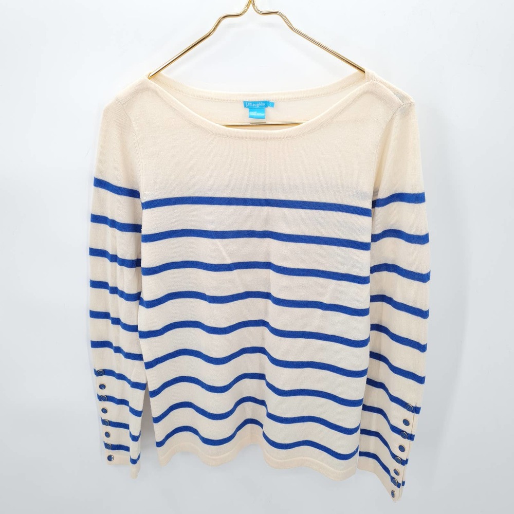 J. McLaughlin Merino Wool Blue and White Striped Sweater Size Large